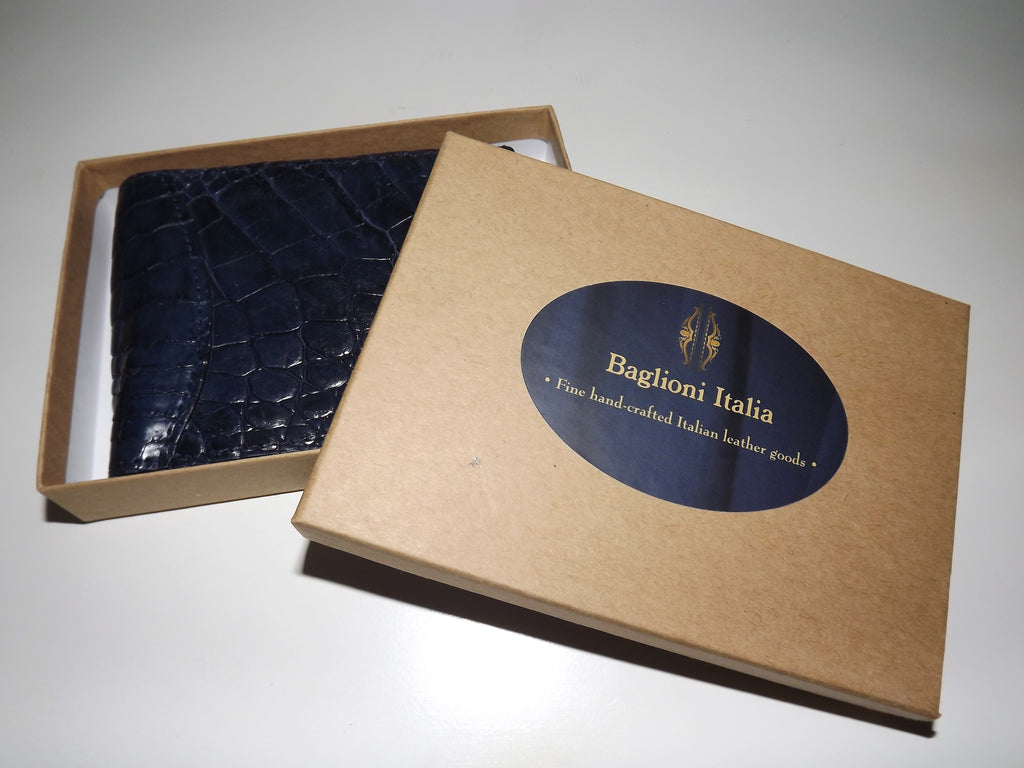 Baglioni Italia Genuine Crocodile Bifold 7 Pocket Money Clip Wallet Ocean Blue