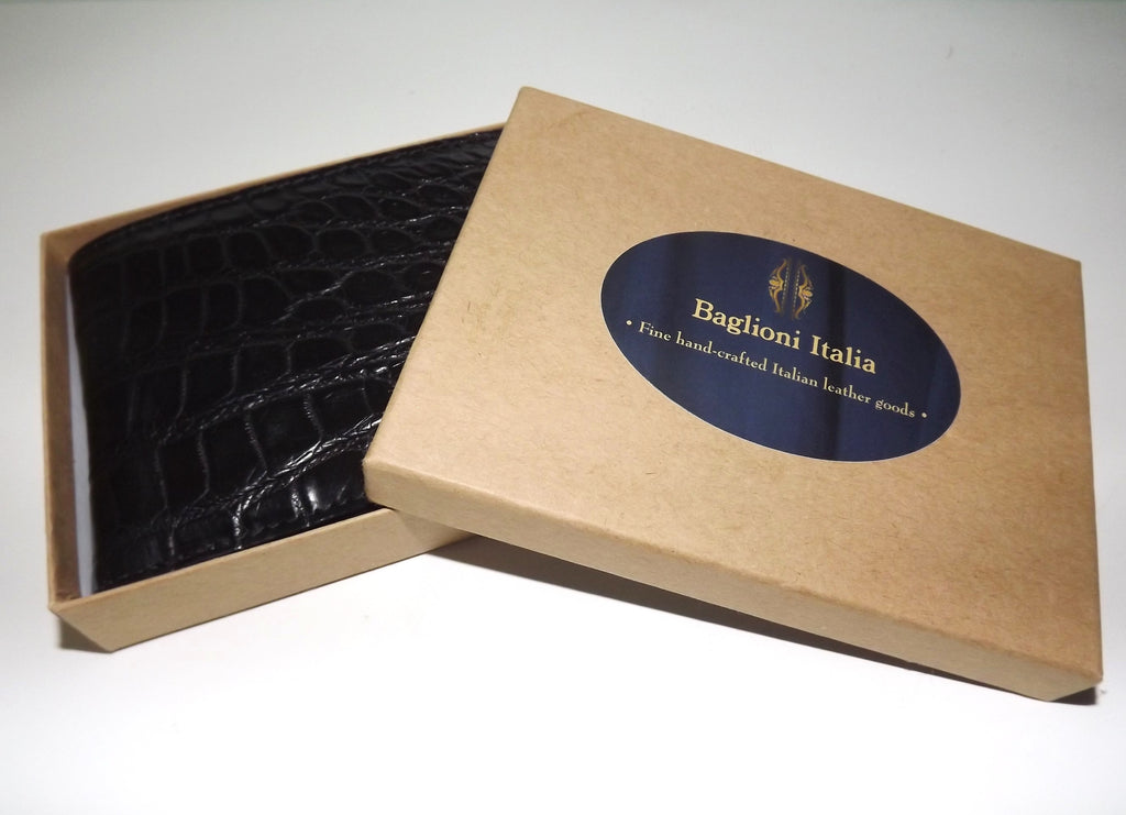 Baglioni Italia Genuine Crocodile Bifold 8 Pocket Passcase Wallet Black