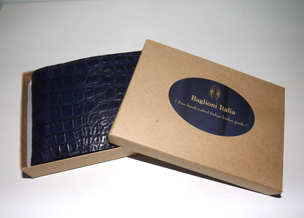 Baglioni Italia Genuine Crocodile Bifold Passcase Wallet Ocean Blue
