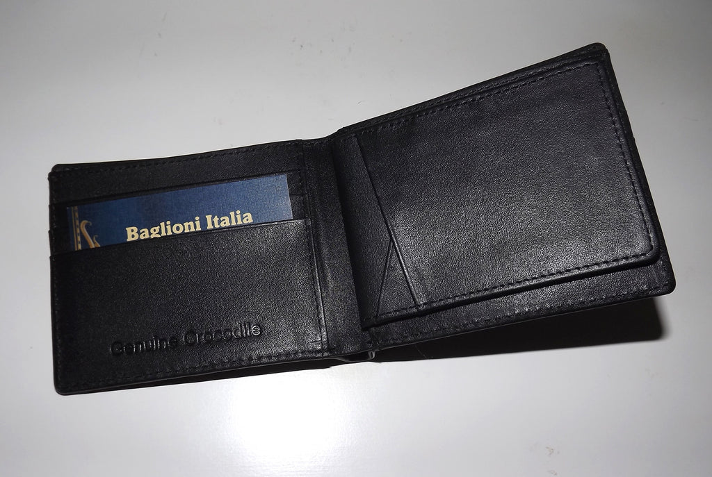 Baglioni Italia Genuine Crocodile Bifold 8 Pocket Passcase Wallet Black
