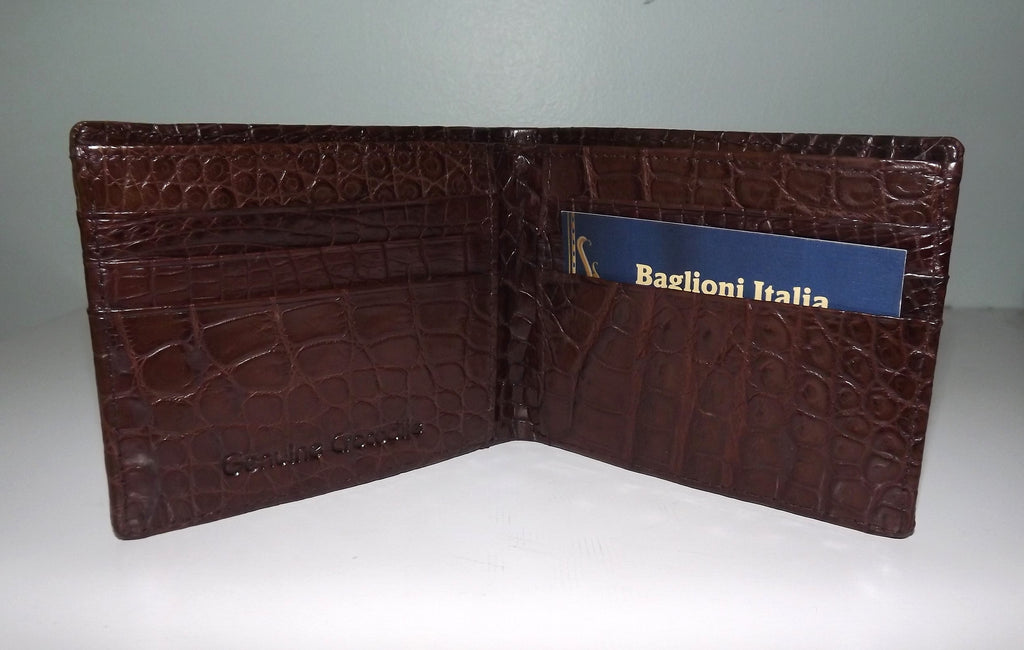 Baglioni Italia Genuine Crocodile Bifold 6 Pocket Wallet Brown