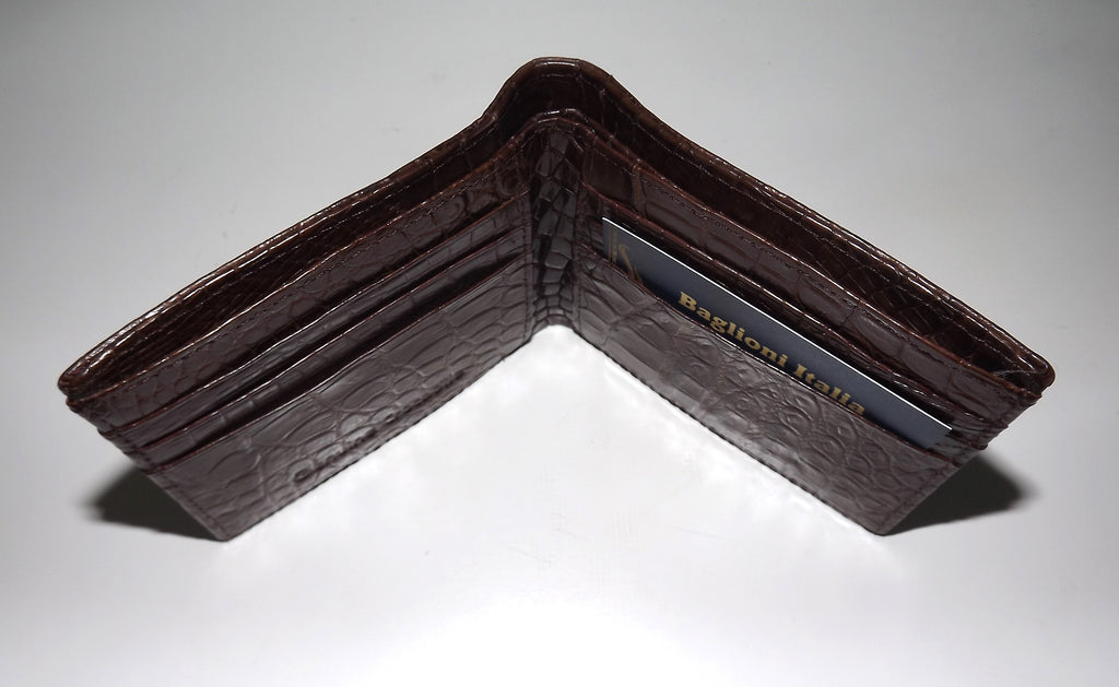 Baglioni Italia Genuine Crocodile Bifold 6 Pocket Wallet Brown