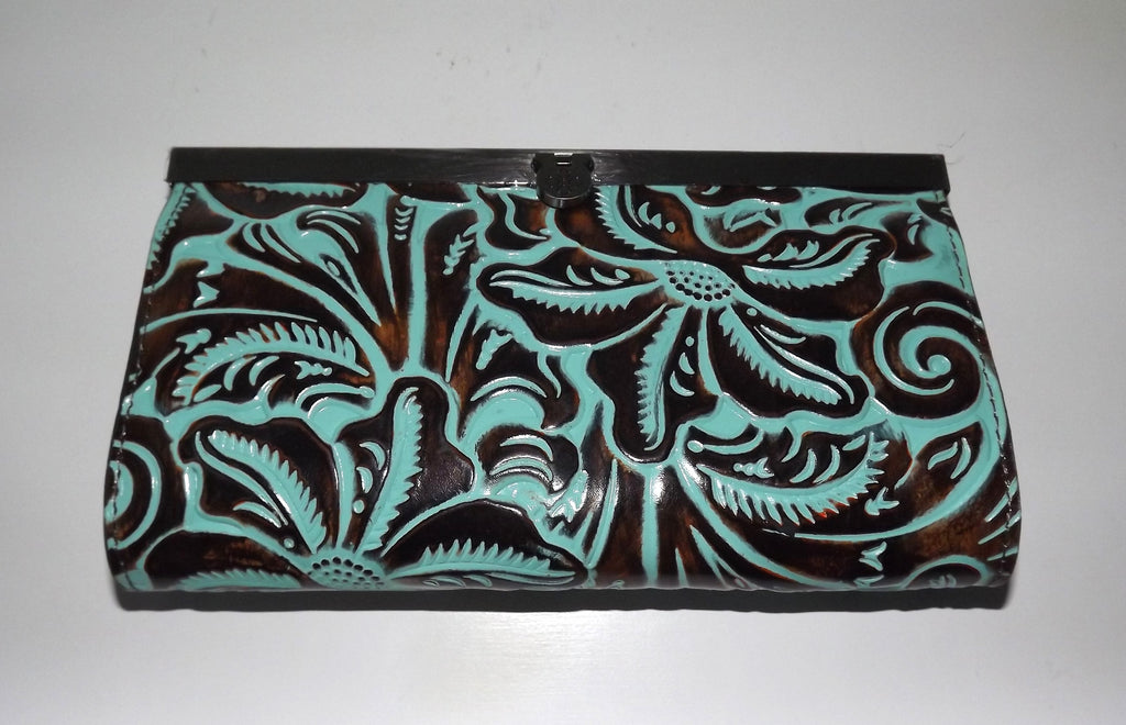 Patricia Nash Women's Tooled Leather RFID Cauchy Frame Clutch Wallet Turquoise