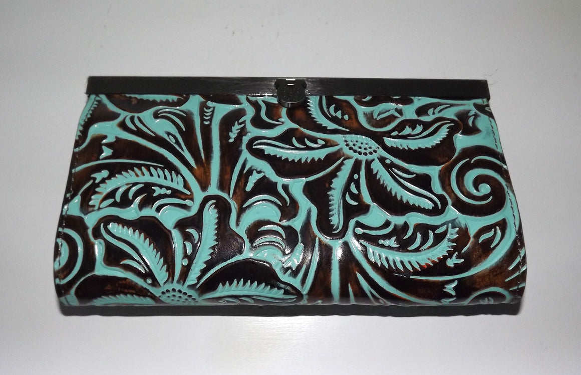 Patricia Nash Women's Tooled Leather RFID Cauchy Frame Clutch Wallet Turquoise