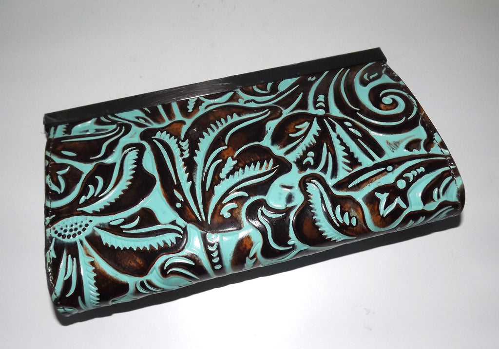Patricia Nash Women's Tooled Leather RFID Cauchy Frame Clutch Wallet Turquoise