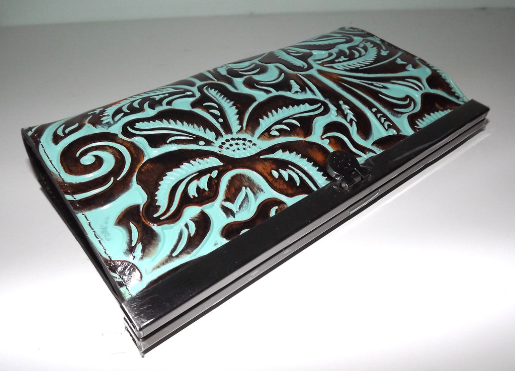 Patricia Nash Women's Tooled Leather RFID Cauchy Frame Clutch Wallet Turquoise