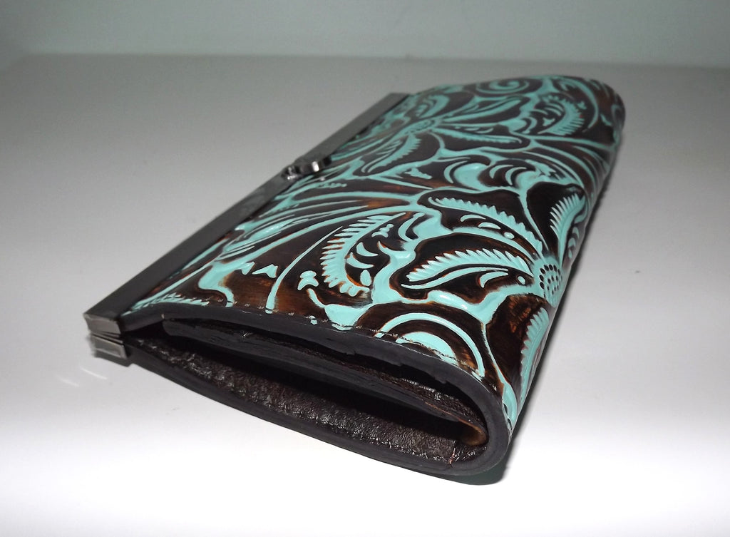 Patricia Nash Women's Tooled Leather RFID Cauchy Frame Clutch Wallet Turquoise