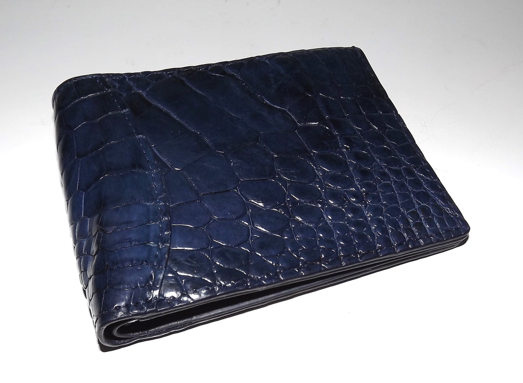 Baglioni Italia Genuine Crocodile Bifold 7 Pocket Money Clip Wallet Navy Blue