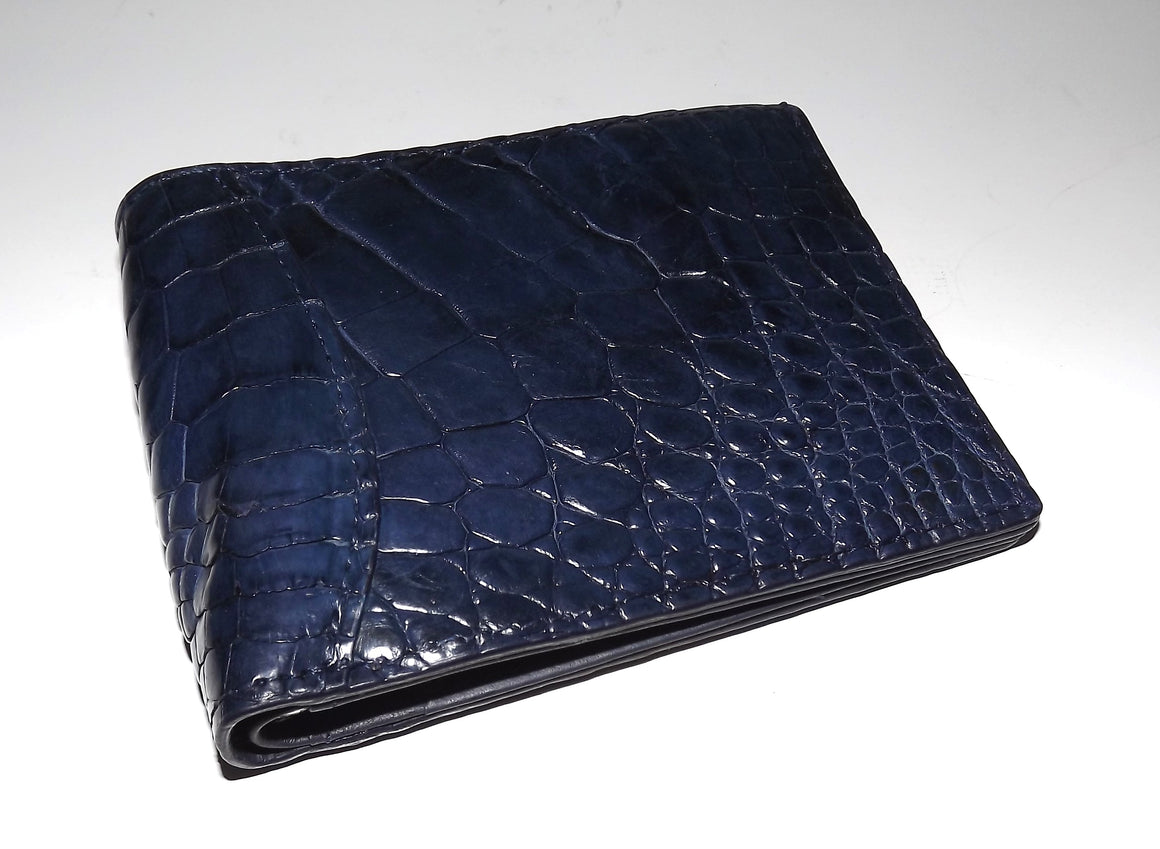 Baglioni Italia Genuine Crocodile Bifold 7 Pocket Money Clip Wallet Navy Blue