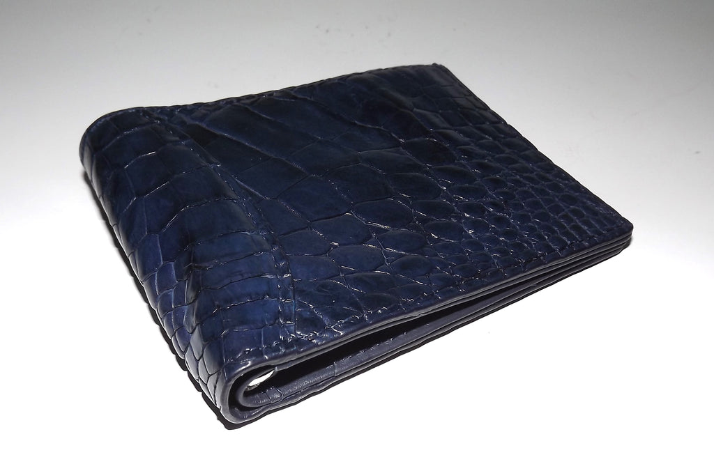 Baglioni Italia Genuine Crocodile Bifold 7 Pocket Money Clip Wallet Navy Blue