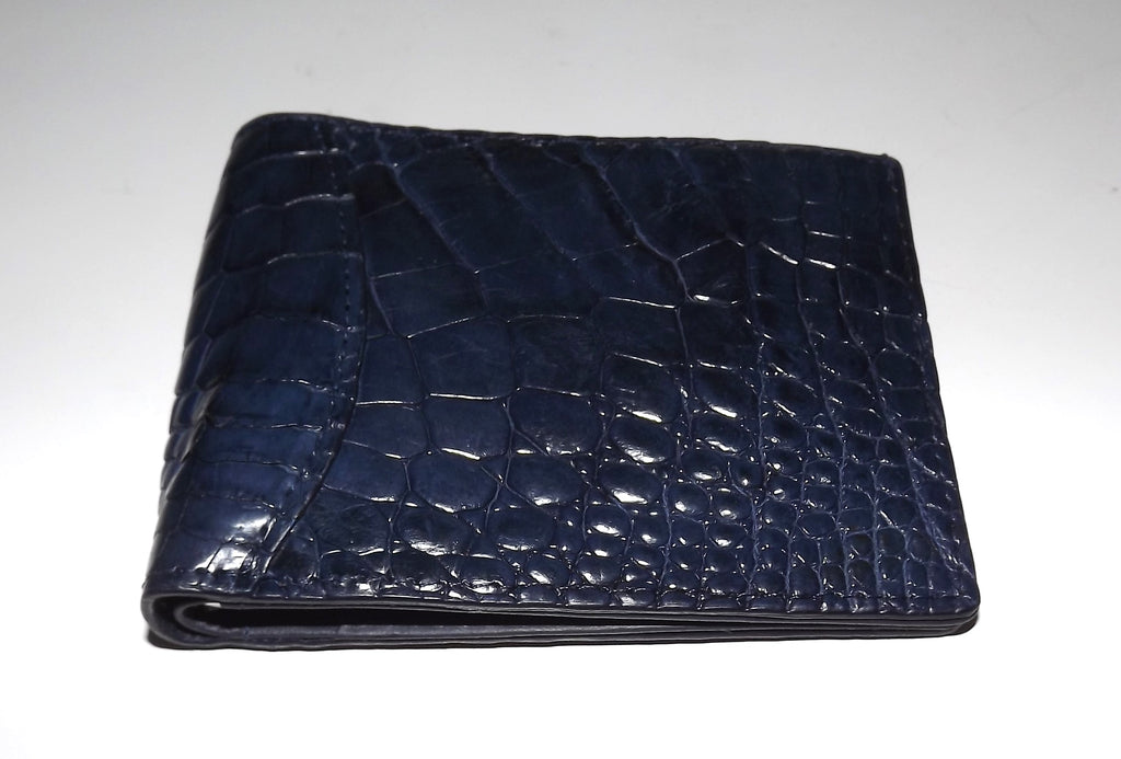 Baglioni Italia Genuine Crocodile Bifold 7 Pocket Money Clip Wallet Navy Blue