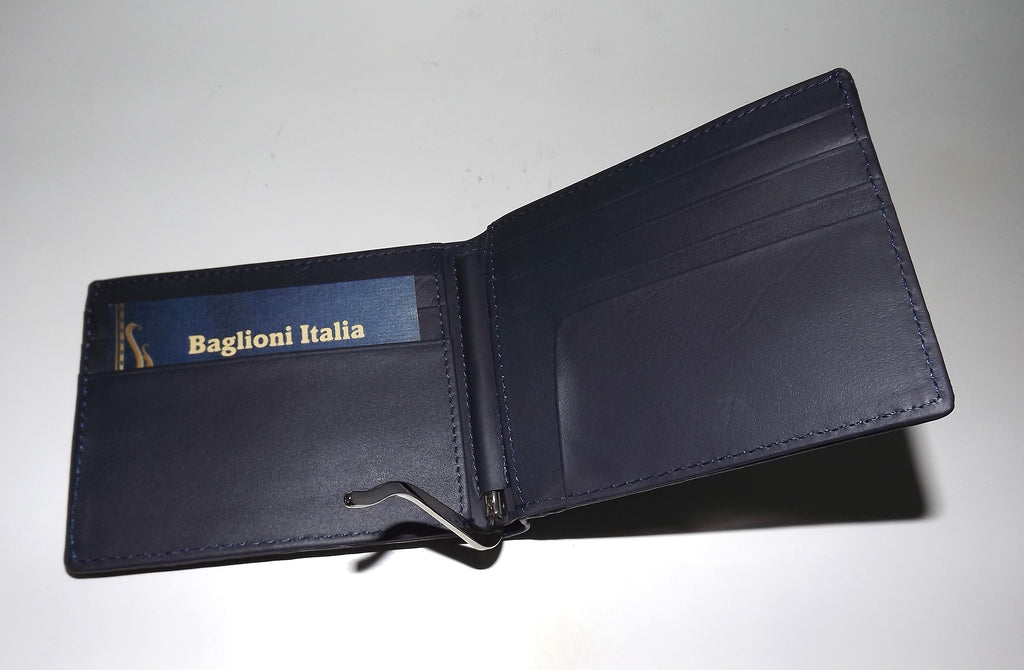Baglioni Italia Genuine Crocodile Bifold 7 Pocket Money Clip Wallet Navy Blue