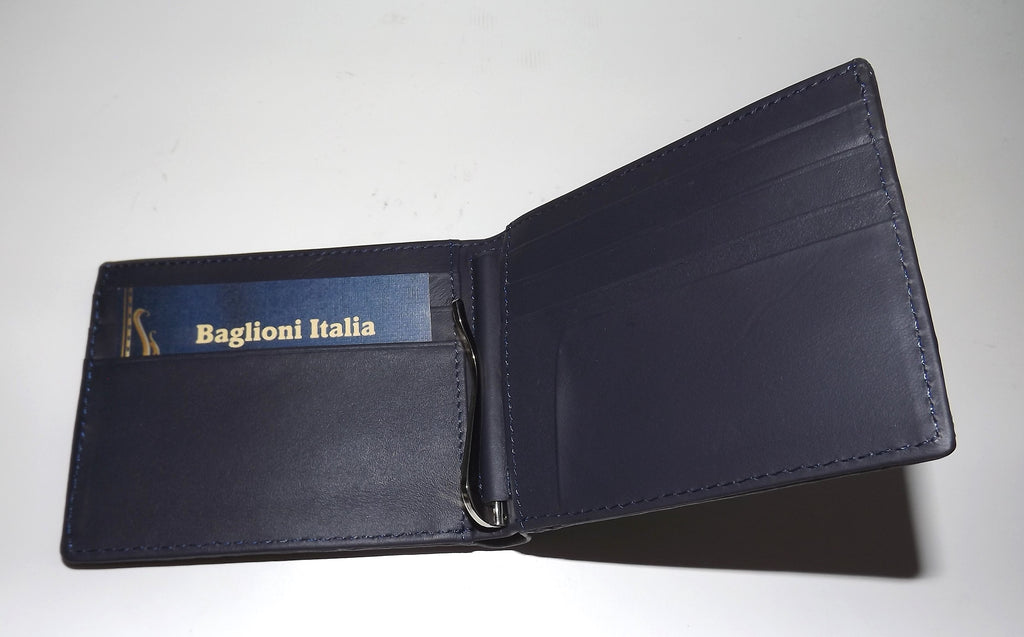 Baglioni Italia Genuine Crocodile Bifold 7 Pocket Money Clip Wallet Navy Blue