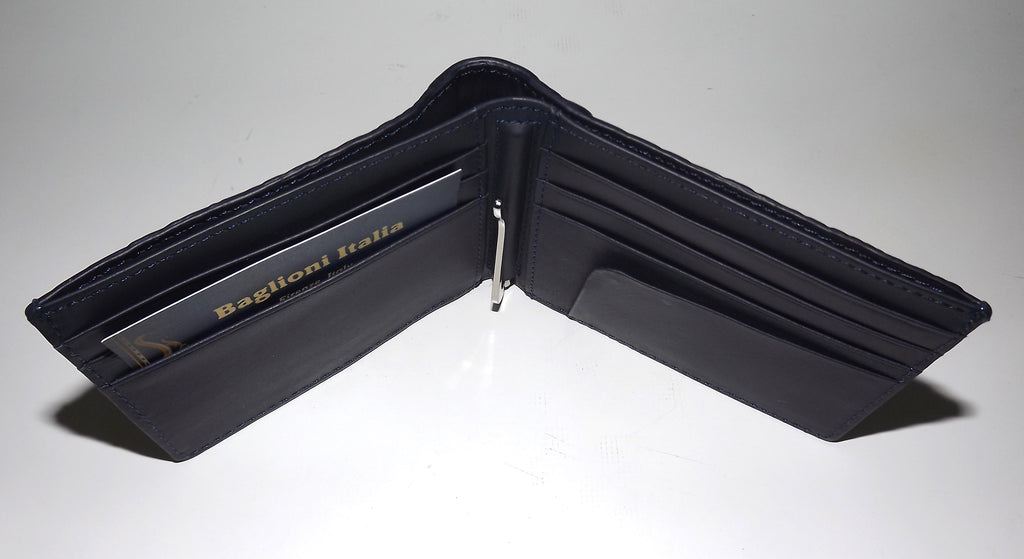 Baglioni Italia Genuine Crocodile Bifold 7 Pocket Money Clip Wallet Navy Blue