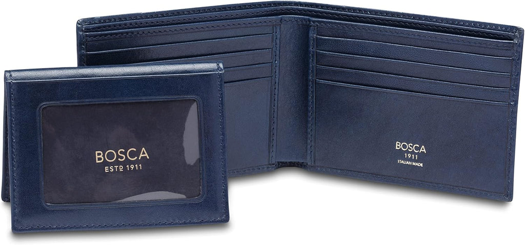 Bosca Men's Old Leather Bifold Passcase ID Wallet Navy