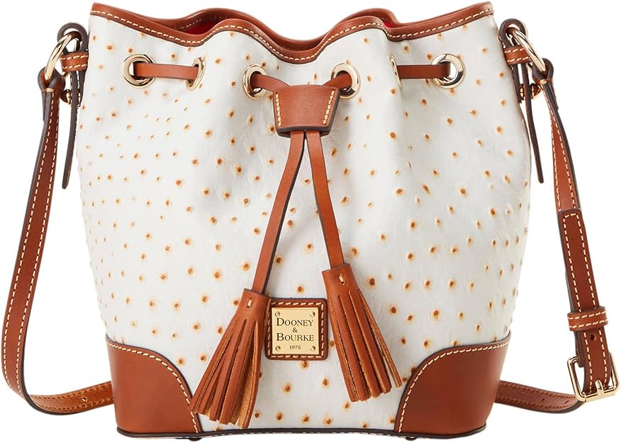 Dooney & Bourke Ostrich Embossed Leather Small Drawstring Satchel Crossbody Bag Bone