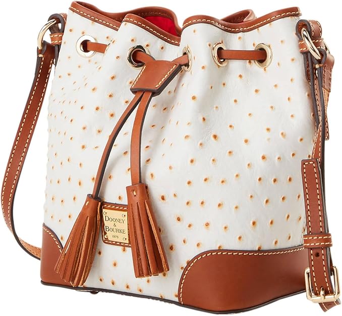 Dooney & Bourke Ostrich Embossed Leather Small Drawstring Satchel Crossbody Bag Bone