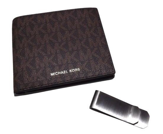 Michael Kors Men's Jet Set Bifold 6 Pocket Wallet and Money Clip Set Brown