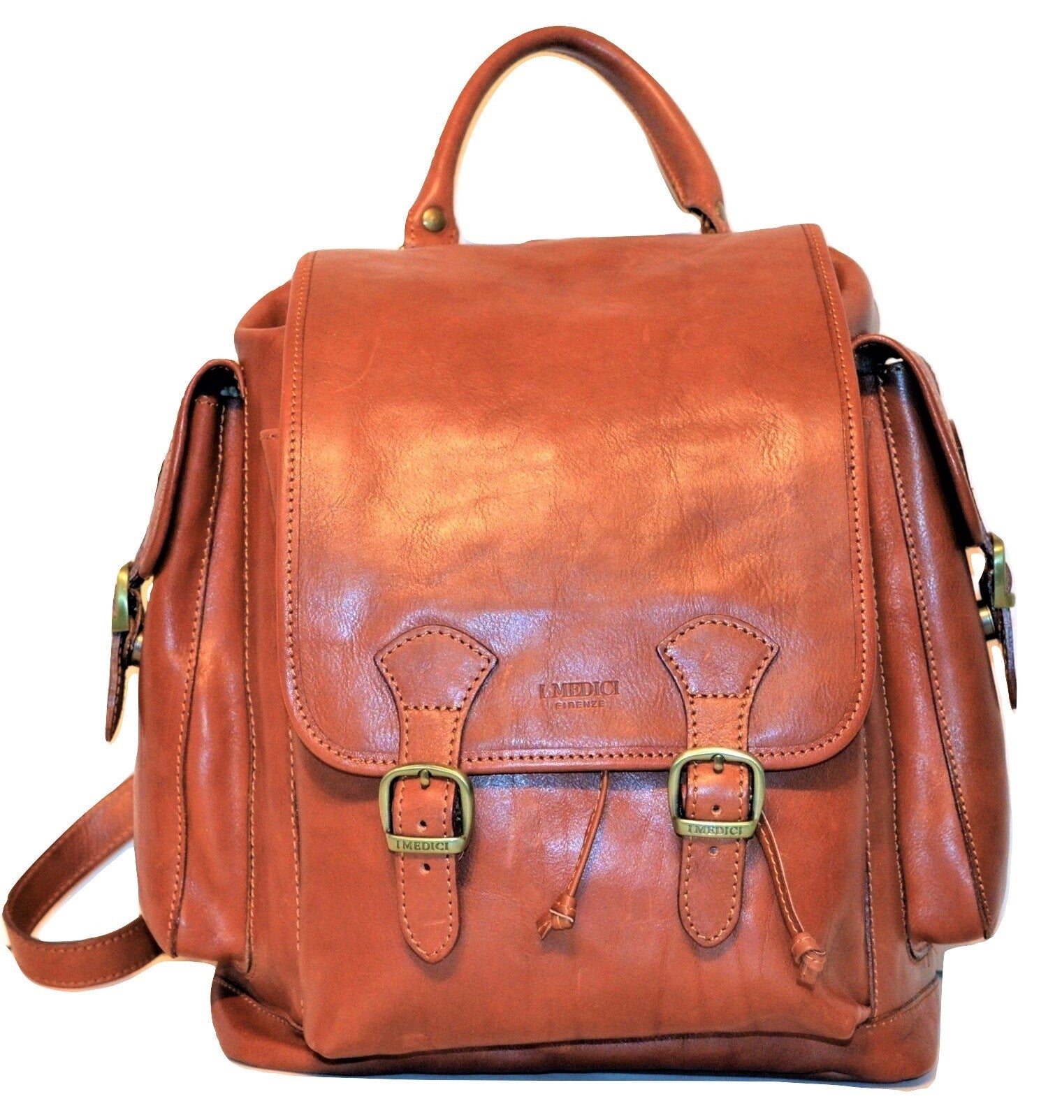 I Medici of Florence Italian Leather Front Flap Drawstring Backpack