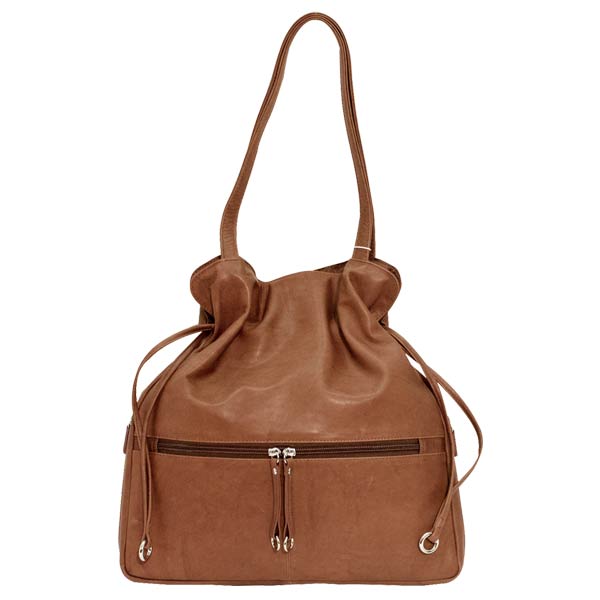 Italia Leather Slim Drawstring Hobo Tote Antique Saddle