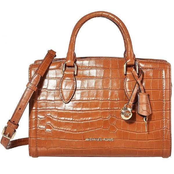 Michael Kors Croc Embossed Leather Zoe Satchel Handbag Chestnut