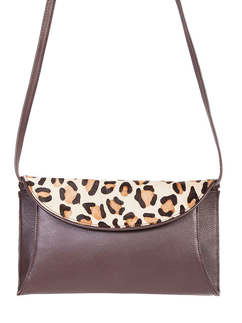 Scully Leather Cheetah Print Crossbody Shoulder Bag Brown
